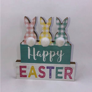 Happy Easter Buffalo Check Gingham Plaid Bunny Tabletop Sign 6" Pink Yellow New